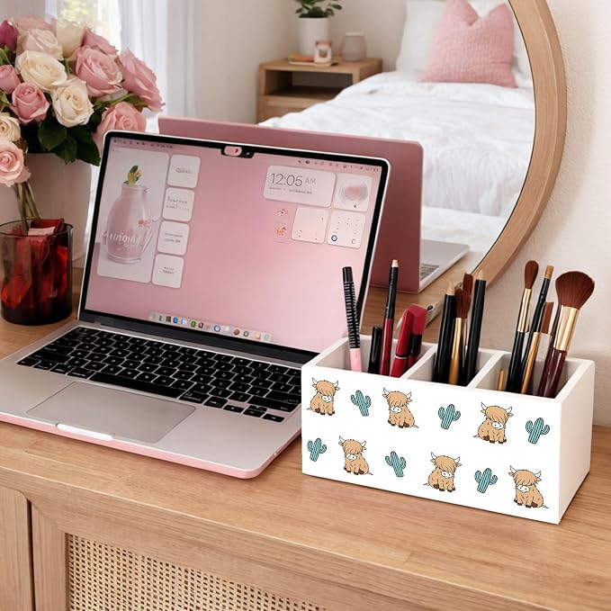 Highland Cow and Cactus Wooden Desk Organizer, Cute Cow Design Pen Pencil Holder with 3 Compartments, Decorative Office Supply Storage Box for Desk, Home, Office, Gift for Animal Lovers