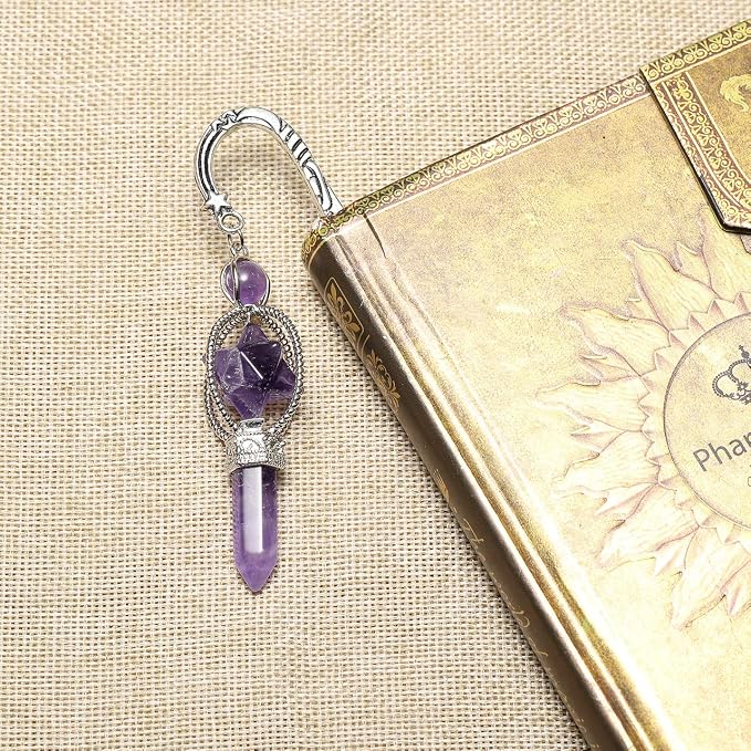 Jovivi 3pcs Anqitue Silver Metal Bookmark for Women Beading Bookmarks with Crystal Quartz Merkaba Hexagonal Pointed Bead