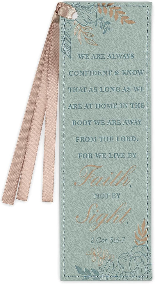 Christian Art Gifts Teal Faux Leather Floral Bookmark for Women: Walk by Faith - 2 Corinthians 5: 6-7 Inspirational Bible Verse, Heat-Debossed & Gold Accents with Taupe Satin Ribbon Reading Accessory