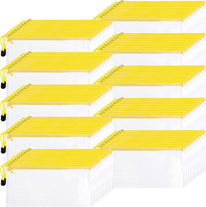 Sherr 120 Pcs Mesh Zipper Pouch A6 Pencil Pouches Bulk Small Clear Mesh Bags with Zipper 9.45'' x 4.53'' Waterproof File Bag Pencil Case for School Office Travel Organization(Yellow)