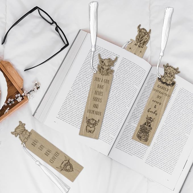 TICIAGA Wooden Highland Cow Bookmarks - 4PCS Walnut Brown Cow Bookmarks Bulk with Tassel for Book Lovers, Farm Animal Wooden Carving Book Mark Xmas Gift for Reading Girls, Teacher Appreciation Gifts
