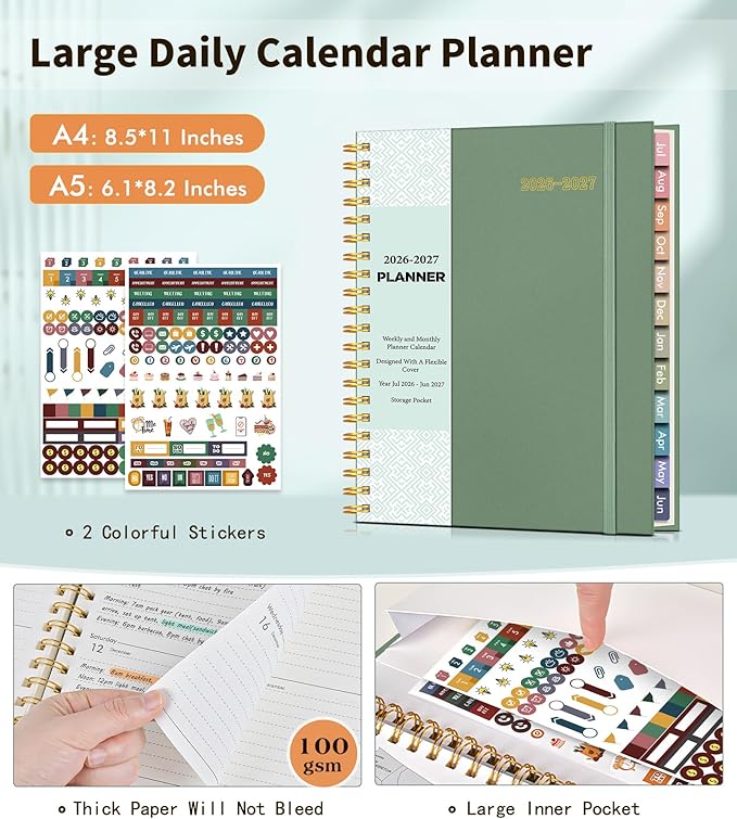 Academic Planner 2026-2027, Weekly and Monthly Calendar Planner from July 2026 - June 2027, 6.1" x 8.2" A5 Large Daily Agenda Book with Tabs, Flexible Cover, College School Organizer for Student Teacher,Green