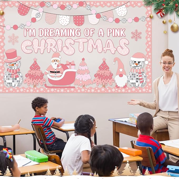 Funrous Christmas Bulletin Board Decoration Set Xmas Tree Classroom Decor Snowman Santa Claus Gnome Snowflake Cutout Winter Border Trim for Xmas Holiday Office Wall Door Supplies(Pink Christmas)