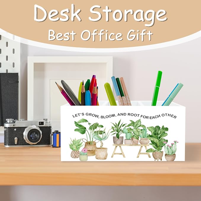 Inspirational Teacher Classroom Decor Wooden Pen Pencil Holder for School Classroom Office Desk, Back to School Supplies for Teachers, Let Is Grow Inspirational Teachers Gifts