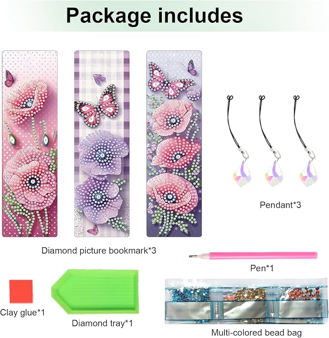 Tontut 3pcs Diamond Art Painting Kit Bookmark, Lotus Flower Exquisite Universal DIY Bookmark, Lightweight and Durable, Suitable for Reading Lovers