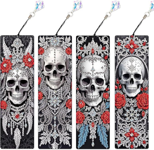 4 Pcs DIY 5D Diamond Painting Bookmark Kit - Special Shaped Crystal Rhinestones, Rose Skull Diamond Art Bookmarks with Crystal Pendant Tassels, Handmade Decorative Bookmarks Gift Set for Book Lovers