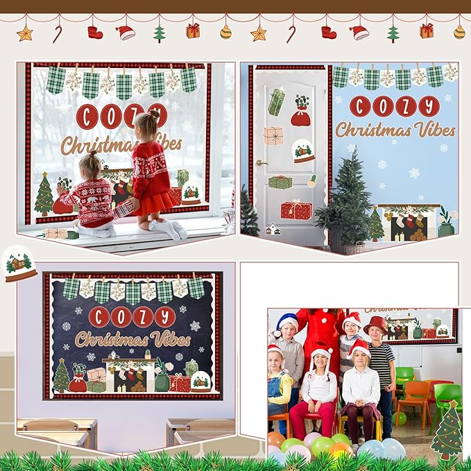 Christmas Fireplace Bulletin Board Set Cozy Christmas Vibes Classroom Decorations Colorful Banner Snowflakes Xmas Tree Gifts Snow Globe Cutouts with Buffalo Plaid Borders for Holiday Display