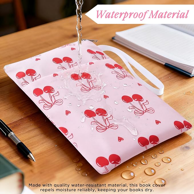 Book Sleeve with Zipper, 11''x 9'' Waterproof Paperback Sleeve for Book Lovers Books Pouch Cover with Handle for Hardcovers Kindle Sleeve for Reader Teacher Women (Red Cherries, 11x 9 inch)