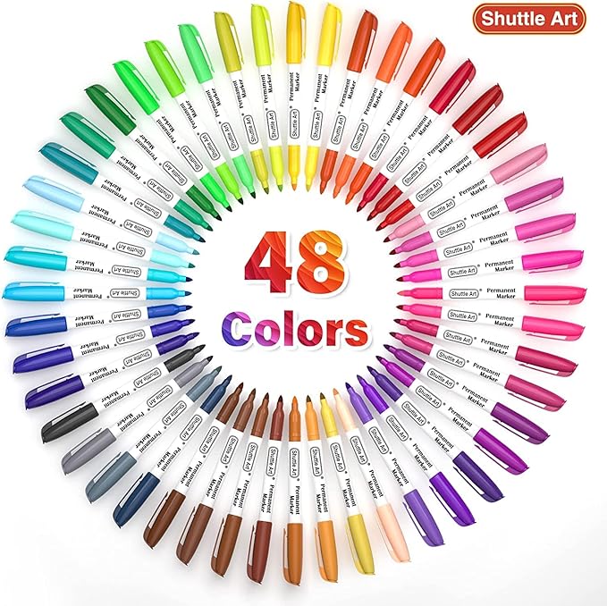 Shuttle Art Permanent Markers, 48 Colors Fine Point, Assorted Colors with Travel Case, Ideal for Adults Coloring Doodling on Plastic, Glass, Wood and Stone, Gift for Students