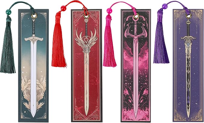Fantasy Sword Bookmark Gifts - 4 Pcs Cool Vintage Bookmarks with Tassels Paper Anime Book Marks Office Home Supplies Gift for Reading Lovers Novel Fans Writers Kids Men Teacher Students Reader