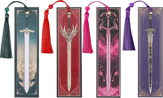 Fantasy Sword Bookmark Gifts - 4 Pcs Cool Vintage Bookmarks with Tassels Paper Anime Book Marks Office Home Supplies Gift for Reading Lovers Novel Fans Writers Kids Men Teacher Students Reader