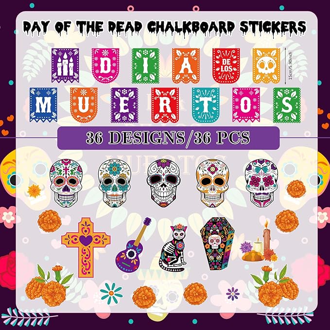 HOWAF 36 PCS Day of The Dead Bulletin Board Decorations, Dia De Los Muertos Mexican Paper Cutouts Bulletin Board Stickers with Glue for Classroom School Party Supplies Skull Cat Chrysanthemum Cutouts