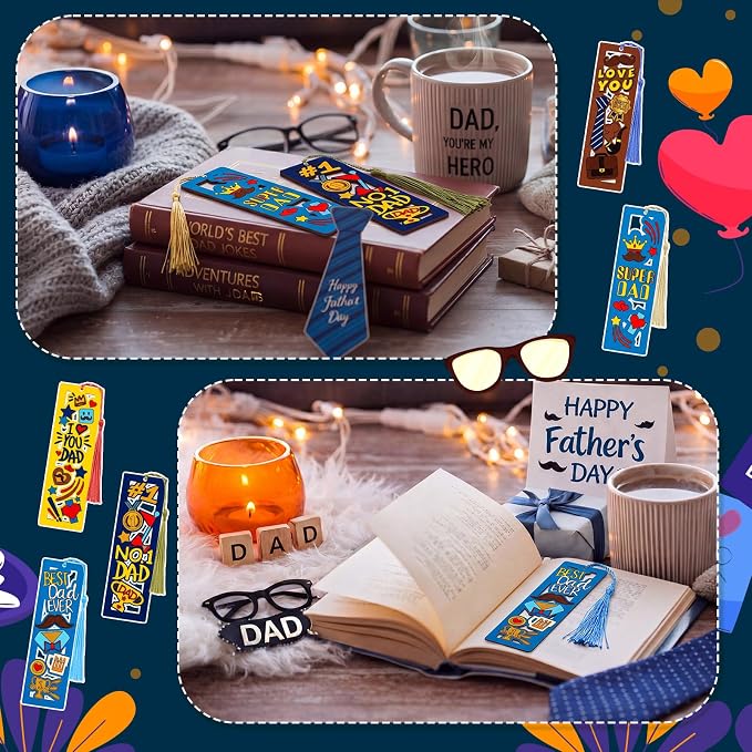 Yexiya 100 Pcs Father's Day Wood Bookmarks Bulk DIY Crafts Kit, 50 Set Blank Coloring Bookmarks with Tassel for Dad Grandpa Gifts Classroom Activity Party Favor