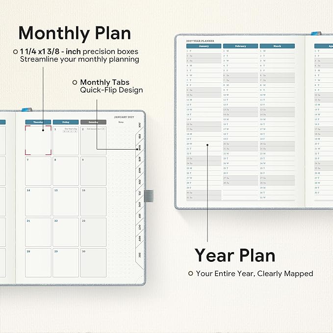 Planner 2026-2027 Weekly & Monthly Planner with Hourly Time Slots, 18 Month Academic Calendar July 2026 – Dec 2027, Vertical Layout, Monthly Tabs, Textured Fabric Hardcover, Pale Ice Blue