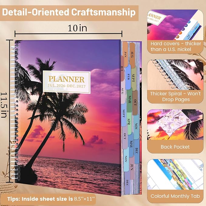 CAGIE Planner 2026-2027 Weekly and Monthly,18 Month (Jul. 26-Dec. 27) Planners Calendar with Hourly Timeslot, 10"x11.5", Large Hardcover Spiral Daily Planner with Tab for Work, Home, Teacher, Purple