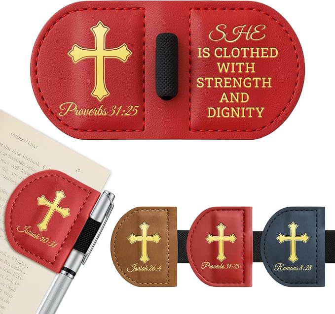 Personalized Magnetic Leather Bookmark with Pen Holder - Bygone Mark Custom Bible Verse Bookmarker,Book Marker for Men & Women,Book Lovers,Readers,Church(Red,Proverbs 31:25)