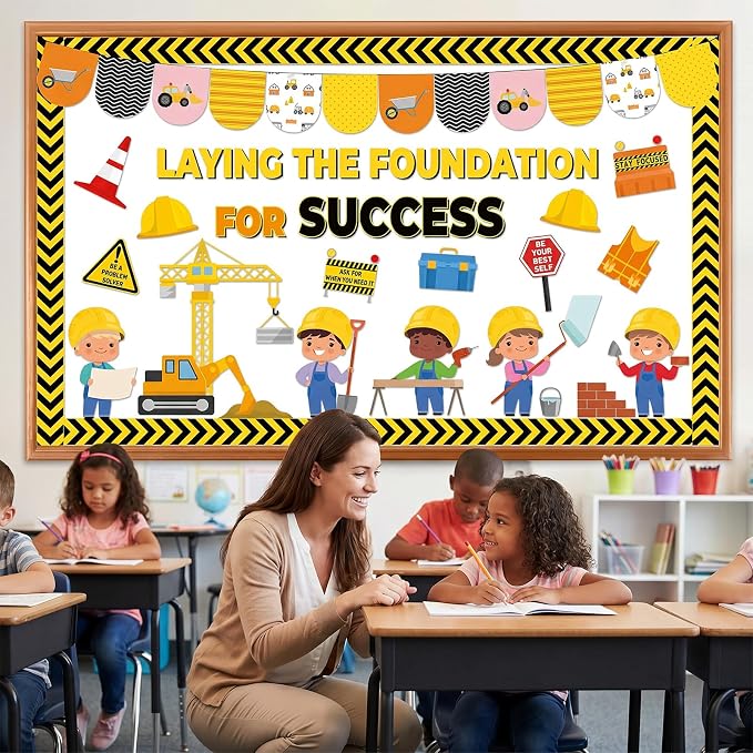 Construction Bulletin Board Set Inspirational Classroom Decoration Laying the Foundation for Success Bulletin Board DIY Name Tag Positive Paper Cutout for Back to School Classroom Home Wall Decor