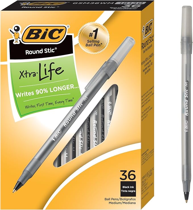 BIC Round Stic Xtra Life Ballpoint Pen, Medium Point (1.0mm), Black, 36-Count