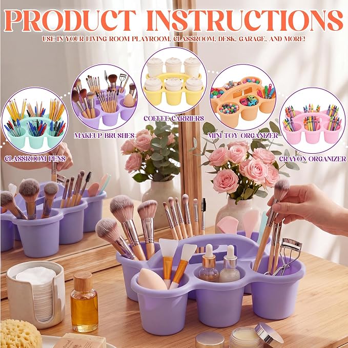 Suclain 6 Pcs Classroom Caddy with Handle Plastic Caddy Organizer with 6 Compartments Drink Cup Caddies Holder Portable Desk Crayon Storage Basket Pin for Teacher Kids Office School(Macaron Color)