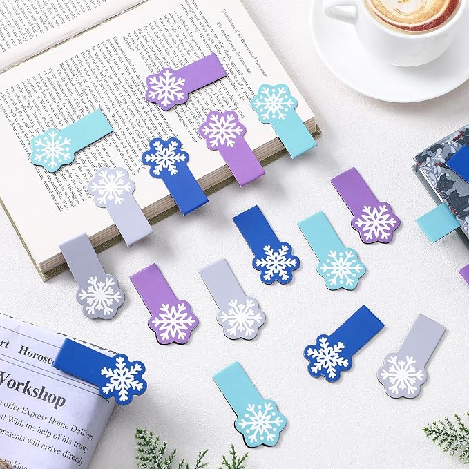 Clabby 48 Pcs Mini Snowflake Magnetic Bookmark Bulk Snowflake Page Clip Magnet Book Page Markers Set for Teacher Appreciation Graduation Book Lovers Students Reader Gifts Office House Supplies 4 Style