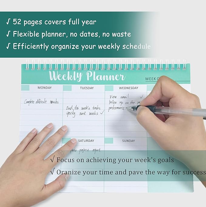Spiral Weekly Planner - 7.5" x 10" Weekly Planner Notepad with 52 Sheets, 100gsm Paper, Undated Planners for Time Management & Habit Tracker, Weekly Calendar for Organizing Your Week (Green)