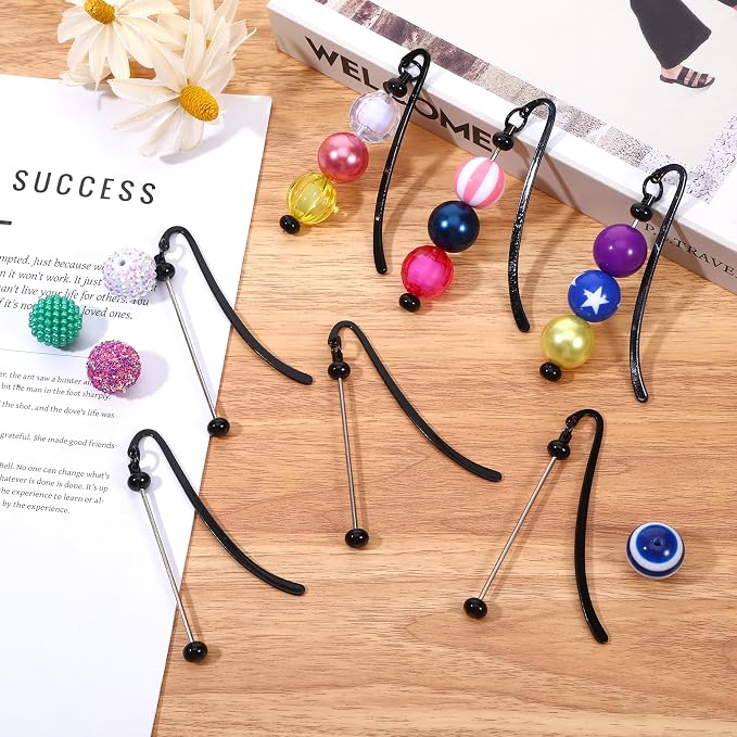 12 Pcs Beadable Bookmarks DIY Metal Bookmark Bar, Metal Beadable Blank Bar Beaded Bookmark Craft Jewelry Pendant DIY Modern, Charm Gifts for Book Lovers, Students, Teachers Office Supplies (Black)