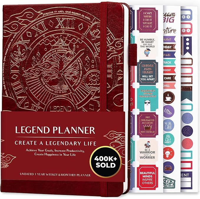Legend Planner – Undated Weekly & Monthly Life Planner to Hit Your Goals & Live Happier, Organizer Notebook & Productivity Journal, A5 (Wine Red, Gold)