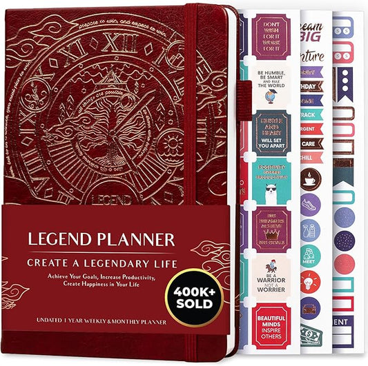Legend Undated Weekly Planner – Goal Planner Journal & Organizer Notebook – Agenda Book with Monthly Calendar & To-Do List, A5 (Wine Red, Gold)
