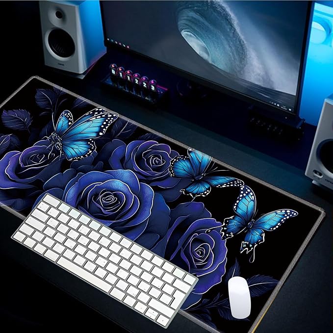 Mouse Pad Gaming Mousepad 31.5x11.8 Inch XXL Large + Coasters,Desk Mat with Stitched Edges, Non-Slip Rubber Base, Thick Mouse Pad for Computer, Laptop, Office & Home - Blue Rose Butterfly