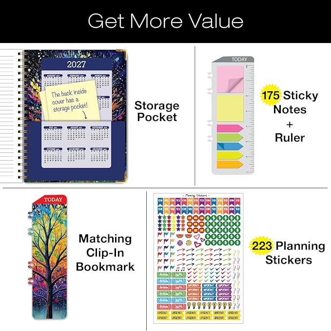 HARDCOVER Academic Year 2026-2027 Planner: 14 Months (May 2026 Through June 2027) 8.5"x 11" Daily Weekly Monthly Planner Yearly Agenda. Bookmark, Pocket Folder and Sticky Note Set (Black Tree Seasons)