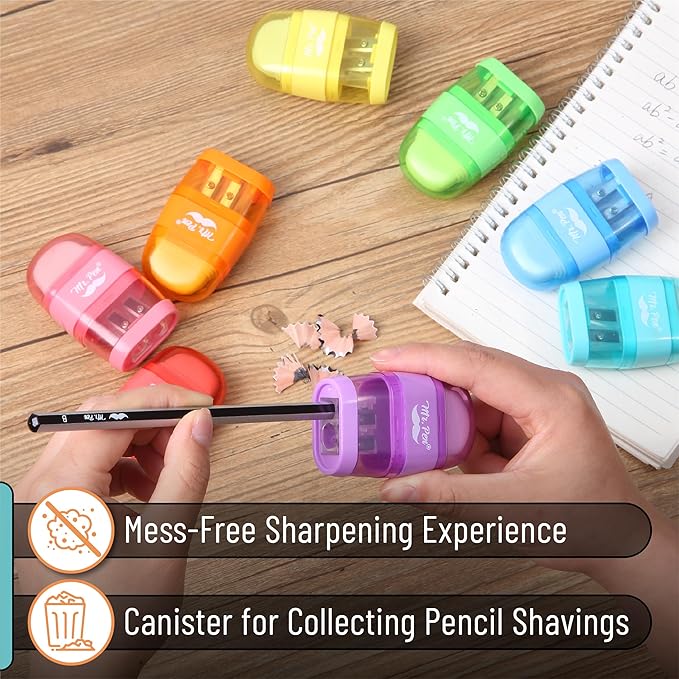 Mr. Pen- Pencil Sharpener & Eraser, 4 Pack, 2-in-1 Manual Sharpeners with Canister, 2 Sharpening Holes for Standard & Jumbo Pencils, Colorful Dual Hole Design for School, Office, Home, Kids