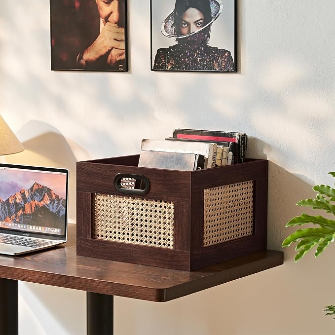 LELELINKY Vinyl Record Storage Crate, Rattan Vinyl Record Holder with Handle, Wood Record Crate for Vinyls Holder up to 75 LP's, Desktop Cube Album Storage for Vinyls Records(Walnut)