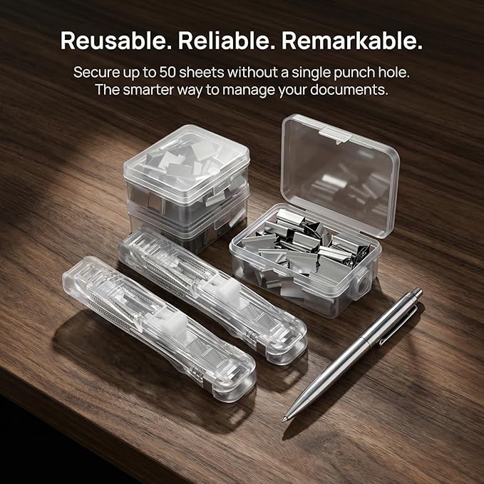 Portable Paper Clam Clip Dispenser 2pcs - Reusable Push Stapler with 200 Refill Clips, No-Hole Binding - Up to 40 Sheet Capacity, Handheld for Document Office School Desk (Transparent)