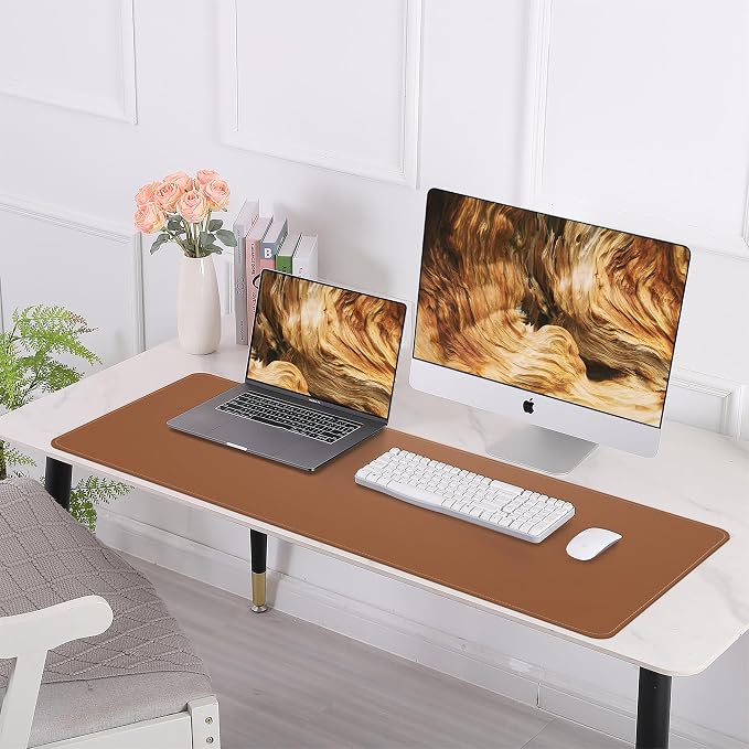 AFIING Leather Desk Pad Protector, Large Desk Mat with Natural Cork & PU Leather, Mouse Pad, Non-Slip Waterproof Desk Writing Pad for Office and Home (Brown)
