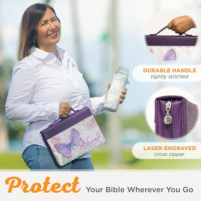 Christian Art Gifts Women's Fashion Bible Cover Blessed Butterfly Jeremiah 17:7, Purple Floral Faux Leather, Large