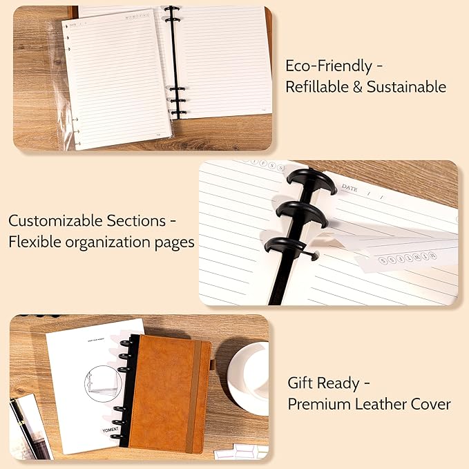 Yoment Refillable Notebooks for Work Discbound: Hardcover Notebook with 5 Subject Removable Dividers Tabs Colleged Ruled Small Journal for Writing Women Men 224 Pages,Brown