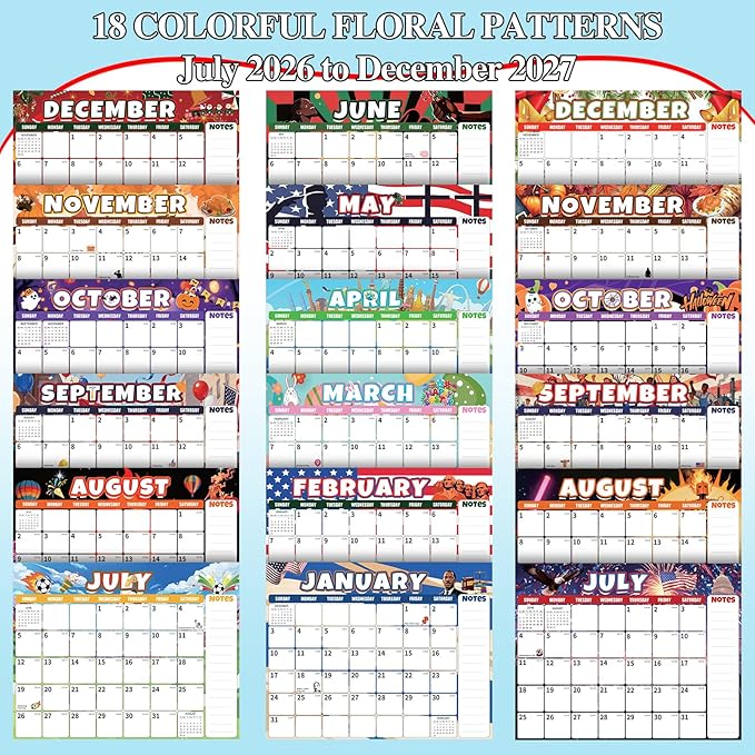 Wall Calendar 2026-2027 (July 2026 - December 2027) - 18 Month Large Hanging Calendar 14.57 x 11.42 Inches, Monthly Planner with Ruled Blocks, Thick Paper, Holidays, To-Do List & Notes for Home, Office, Classroom