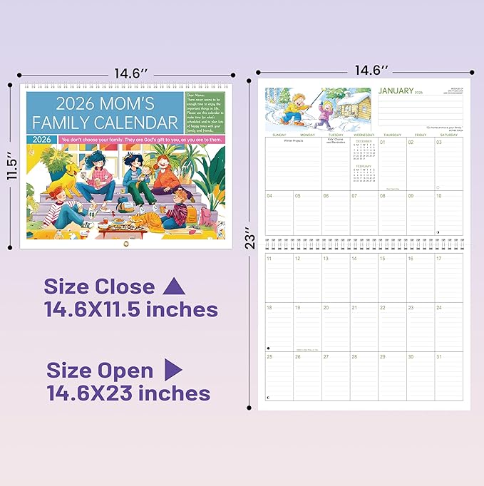 2026 Moms Calendar - Mom's Family Organizer & Calendar 2026, 14.6''x 23'', Jan 2026 to Dec 2026 Hanging Wall Calendar, Larger Grid, Back Pocket, Stickers