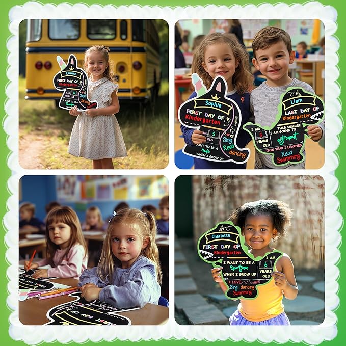 First and Last Day of School Chalkboard Sign with 4 Chalk Markers -12''×11'' Double Sided Back to School Sign Photo Prop for Preschool Kindergarten (Black-Dinosaur)