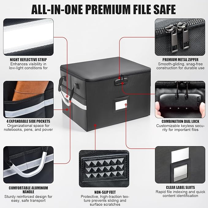 6200°F Upgraded Fireproof Document Box with 10-Layer Heat Decay Structure for Letter Legal Folders Home Office and Business Travel, 60L Portable Organizer with 3 Rails and Lock