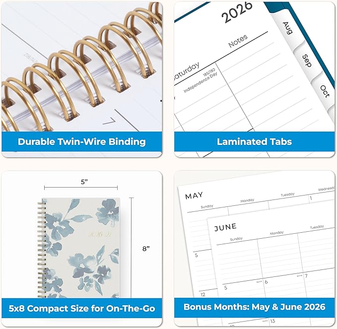 Blue Sky 2026-2027 Weekly and Monthly Academic Year Planner Calendar, July 2026 - June 2027, 5" x 8", Flexible Cover, Wirebound, Laminated Tabs, Bakah Blue