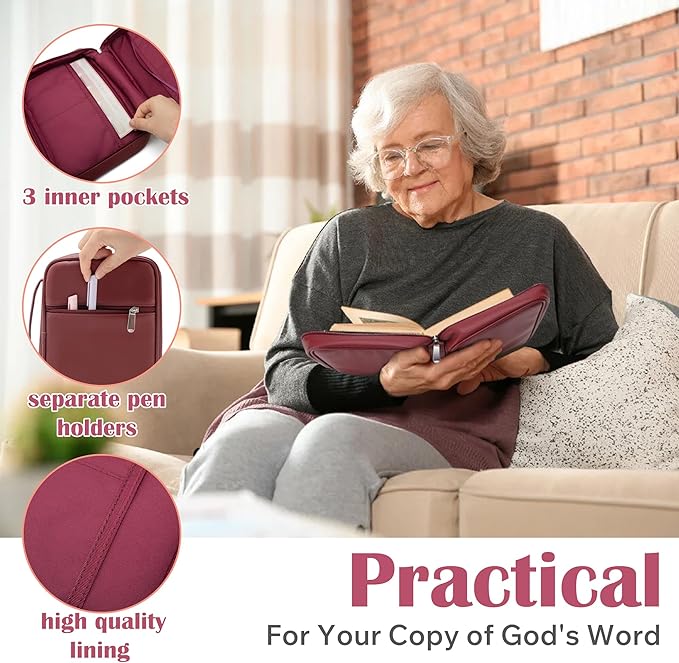 Small Bible Cover Case for Women and Men, 9x6 PU Leather Bible Sleeve, Compact Travel Bible Carrier Bag with Front Pen Holders, Zipper Closure, Inner Pockets - Burgundy Red