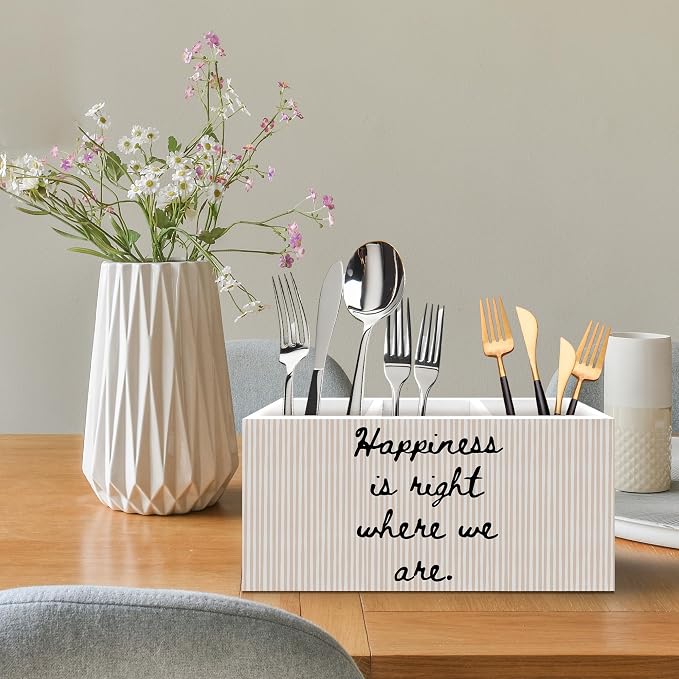 Motivational Pen Holder, Inspirational Office Pen Pencil Holder Organizer for Desk Accessories, Happiness Is Right Where We Are Striped Wooden Box Desk Decor for Home Office Desk Decorations