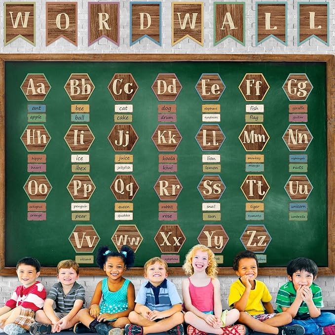Word Wall Classroom Bulletin Board Set Classroom Alphabet Letters for Wall Alphabet Classroom Decoration Supplies for Home Preschool Primary School Wall Decor （Wood Grain
