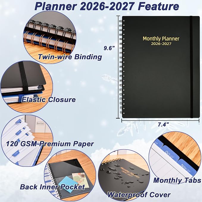 Monthly Planner 2026-2027 (7.4'' x 9.6''), 18 Months Calendar Book from Jul 2026-Dec 2027, 2026 Agenda Planner with Tabs & Pocket, 120GSM Paper, Black