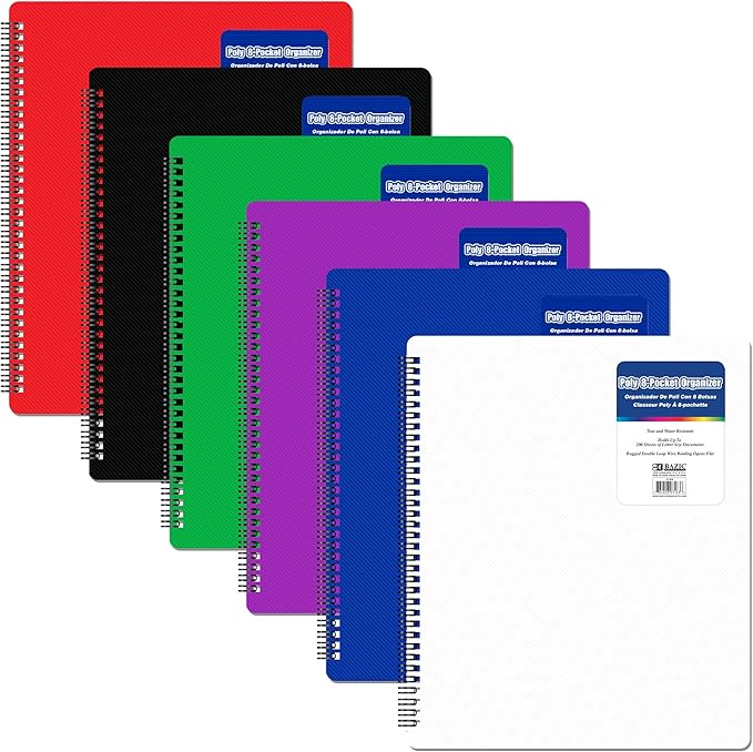 BAZIC Products 8 Pockets Poly Folder Portfolio, Letter Size Plastic Folders Holder for Office Documents Paper Organizer, Assorted Color, 6-Pack
