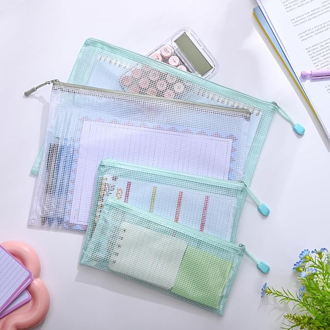 BAYTORY 18Pcs Mesh Zipper Pouch Bags, Clear Waterproof Document Bag, Assorted Color File Pockets, Large Capacity Plastic File Jackets, Multipurpose for Travel School Office and Home (Green)