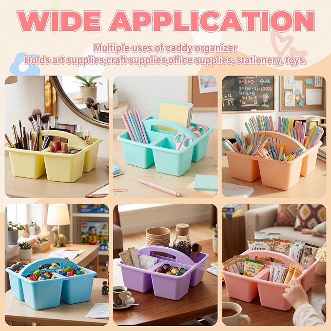 Kathfly 6 Pack Multipurpose Compartment Caddy, Plastic Storage Boxes with Handle, Assorted Colors Table Caddies Organizer for Classroom Office School Home Shower Supplies (Macaron Color)