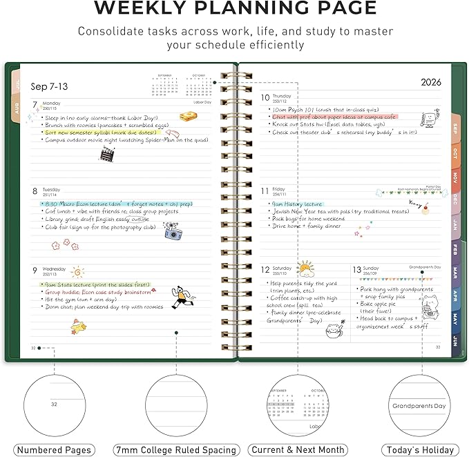 RETTACY Academic Planner 2026-2027, Weekly and Monthly, July 2026 - June 2027, Large Size (8.5" x 11"), Calendar, Agenda, 12-Month Tabs, for Student, Teacher, School (Dark Green)