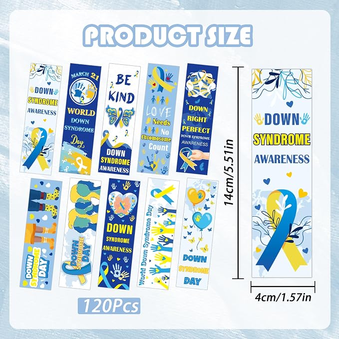 Down Syndrome Awareness Bookmarks, 120 Pcs Inspirational World Down Syndrome Day Book Marks, Blue Yellow Supportive Gifts for Seminar Handouts Charity Fundraisers School Events